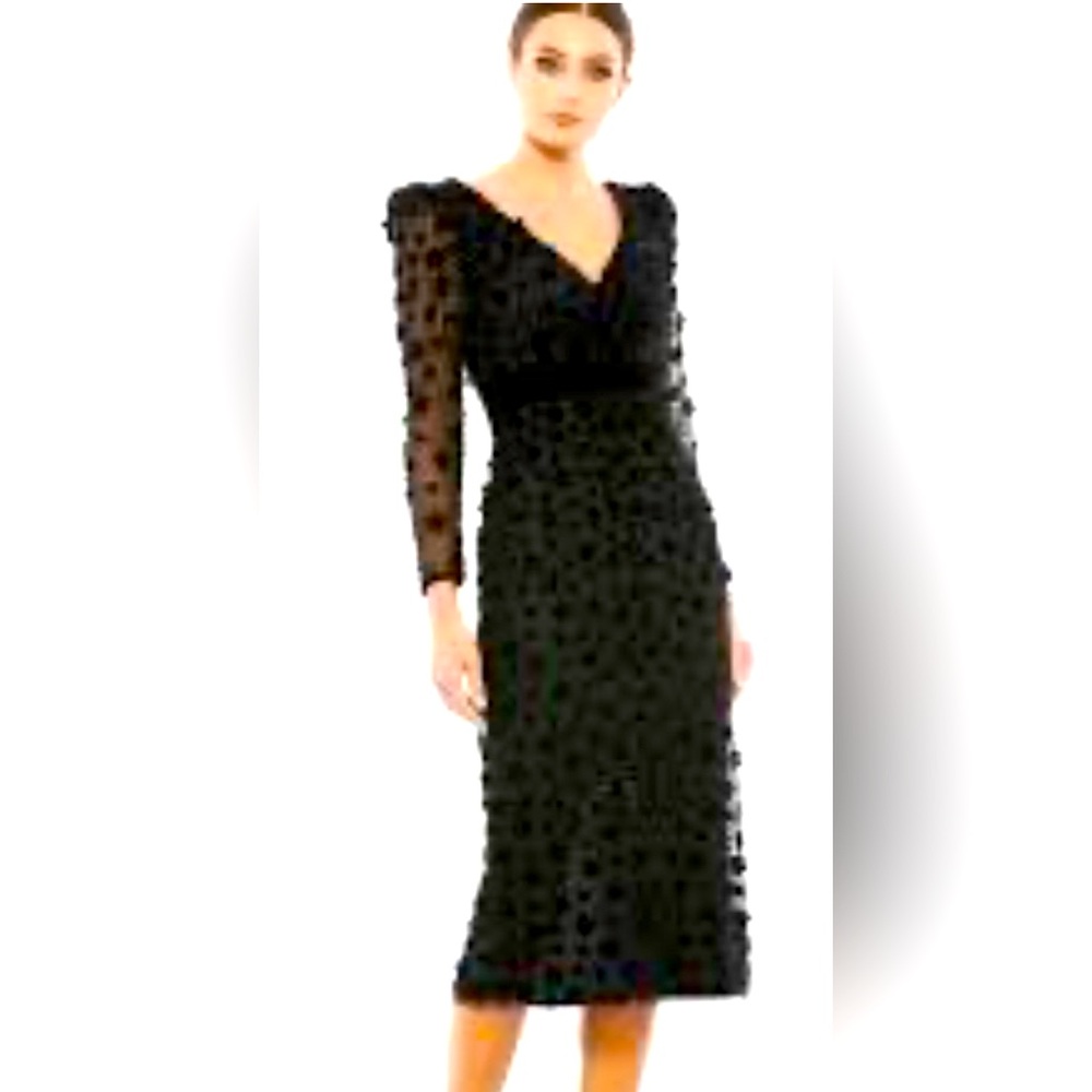 Mac Duggal Black Embellished V Neck Illusion Long Sleeve Column Midi Dress